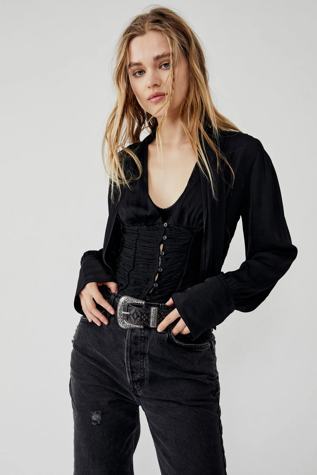 FREE PEOPLE ButtonDown MEET ME THERE TieNeck Top