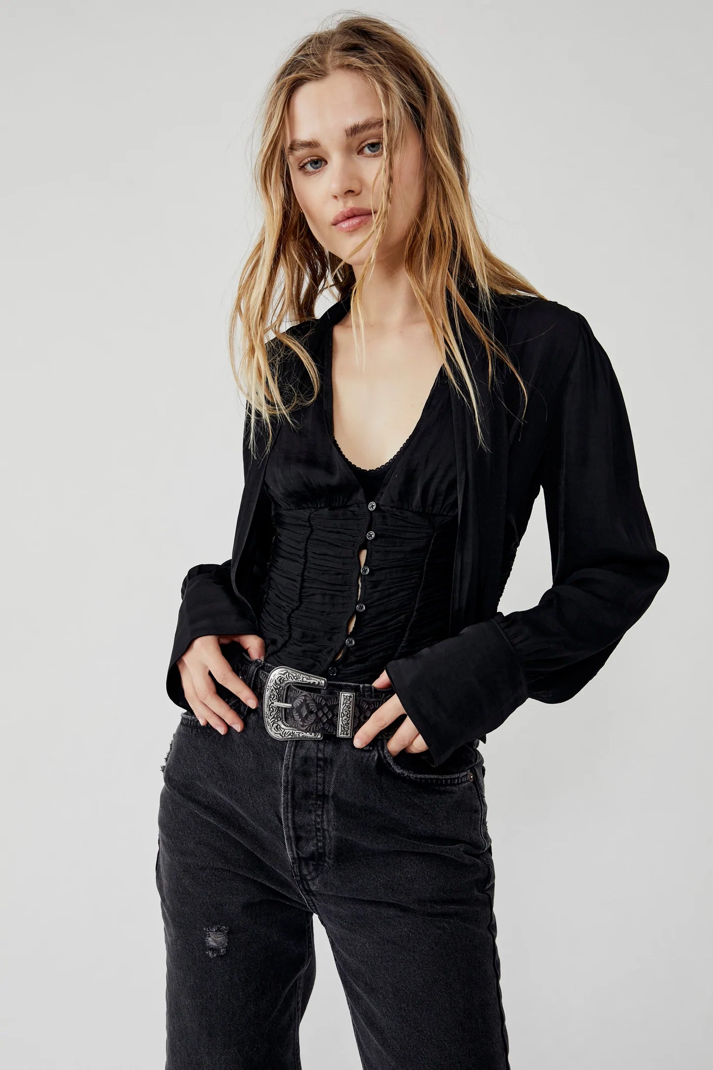 FREE PEOPLE ButtonDown MEET ME THERE TieNeck Top