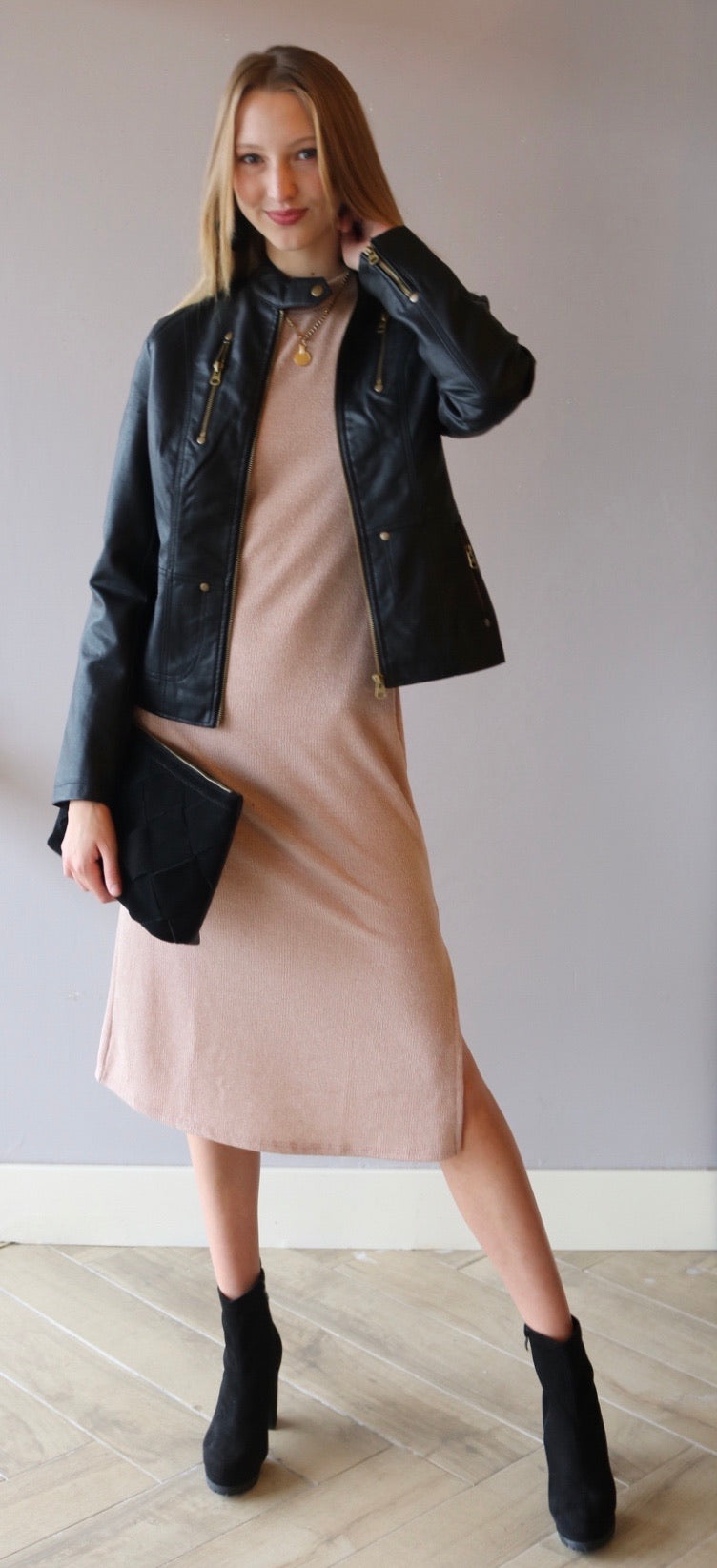 *LUSH PROMENADE Mock Neck RoucheSleeve Midi Dress