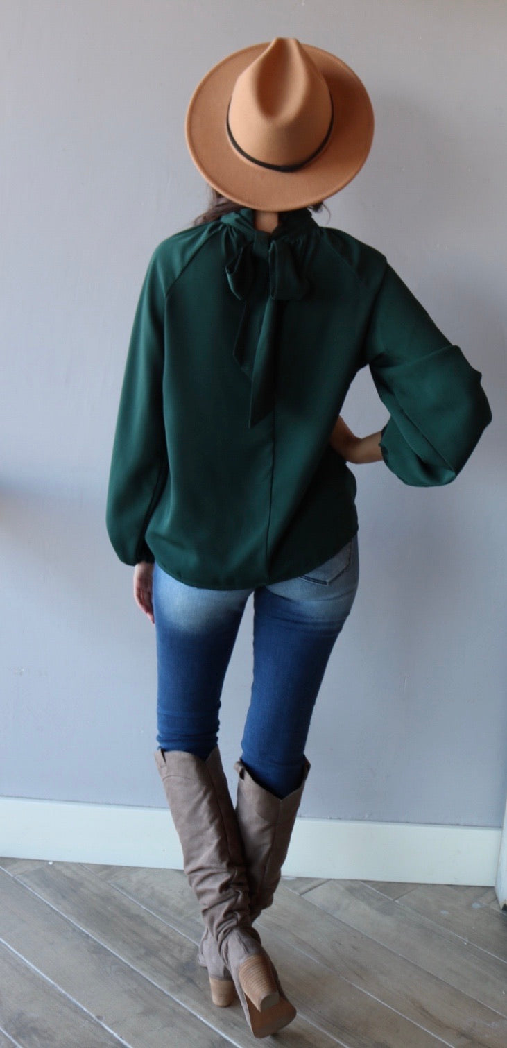 ENCHANTED HiNeck Tie KeyHole Back LongSleeve Top