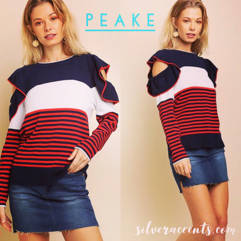 PEAKE ColorBlock Stripe Ruffled ColdShoulder Sweater Top
