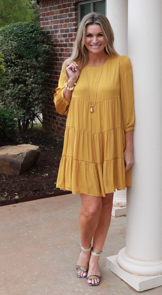 PYRAMID Tiered 3/4 Sleeve MatteSatin Dress
