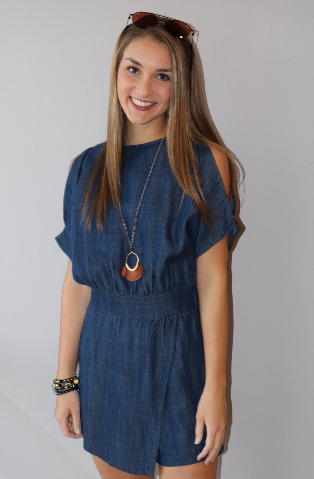 TCEC Denim FORESIGHT Slit Sleeve Faux Wrap Short Romper