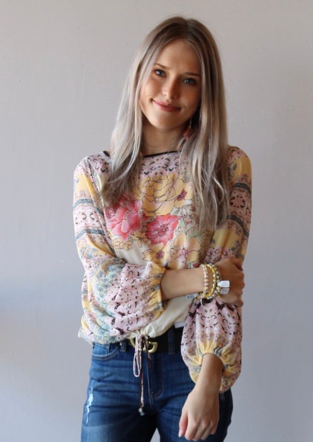 FREE PEOPLE Ivory Multi BLUE NILE Floral Print Drawstring Bottom Silk Top