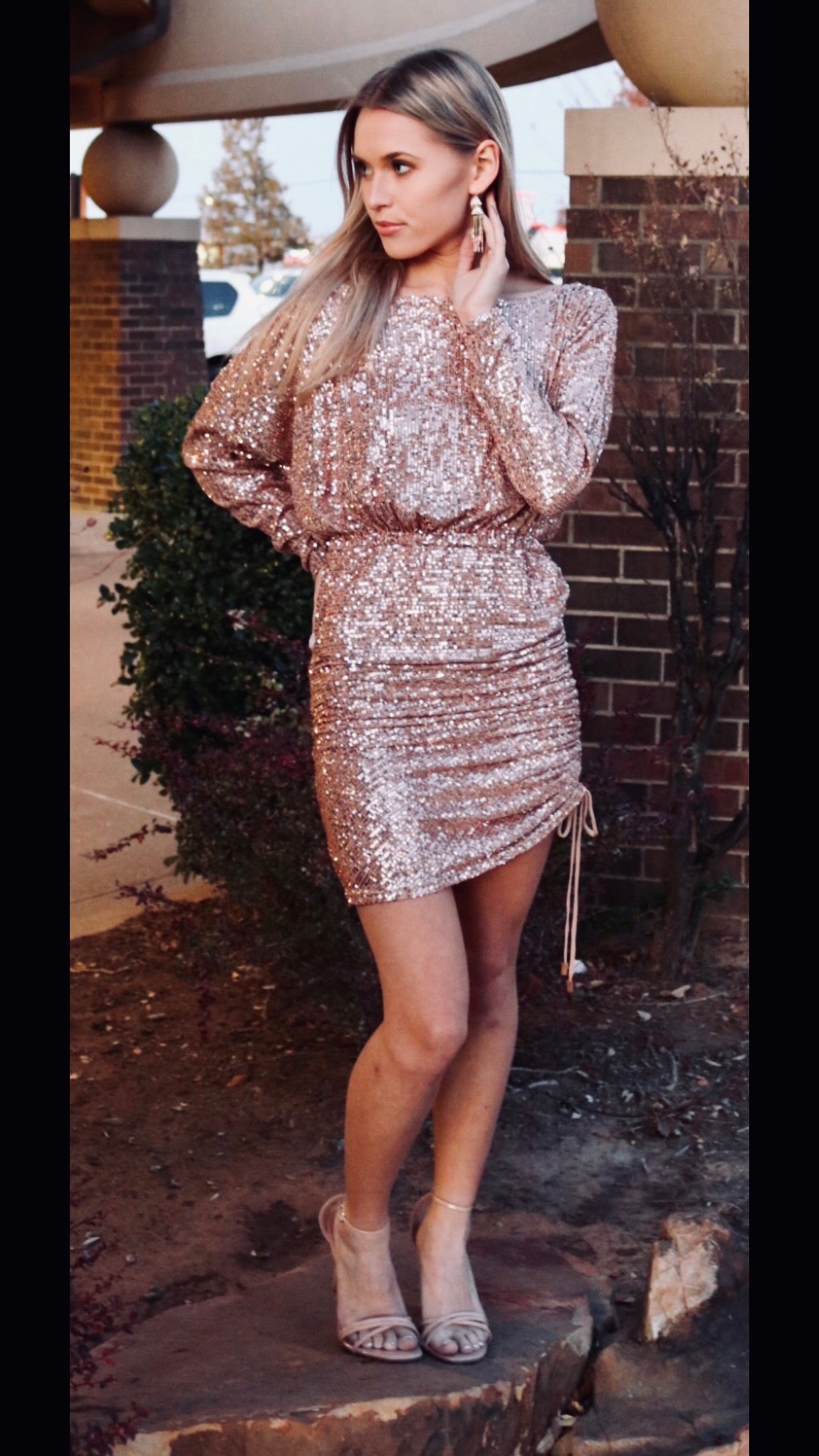 FREE PEOPLE Sequin GISELLE Drawstring RoucheHem Mini Dress