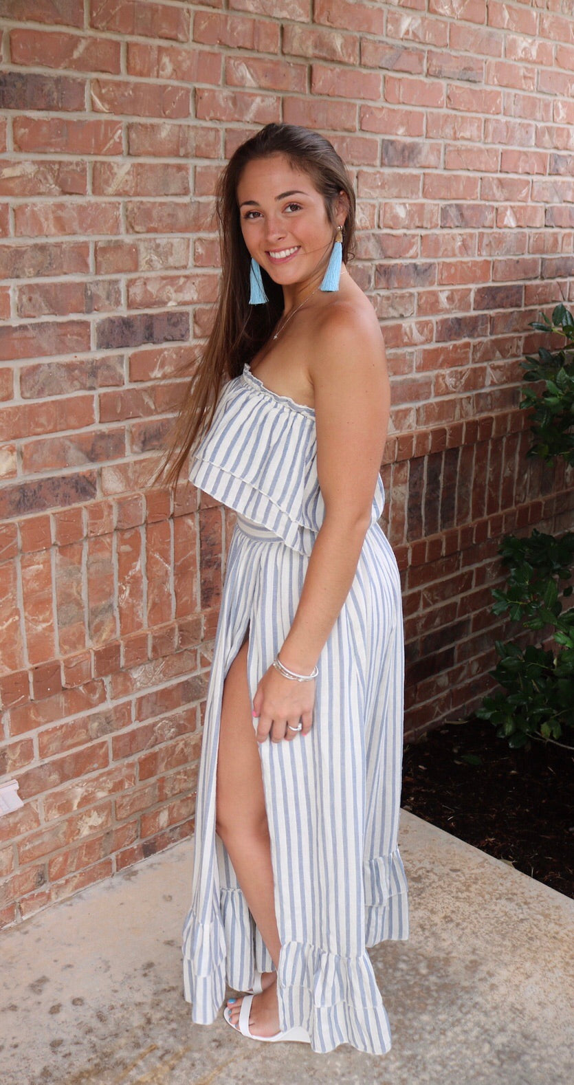 LOUVRE 2pc Stripe Layered Strapless Top/ HiSlit RuffleHem Maxi Skirt Set