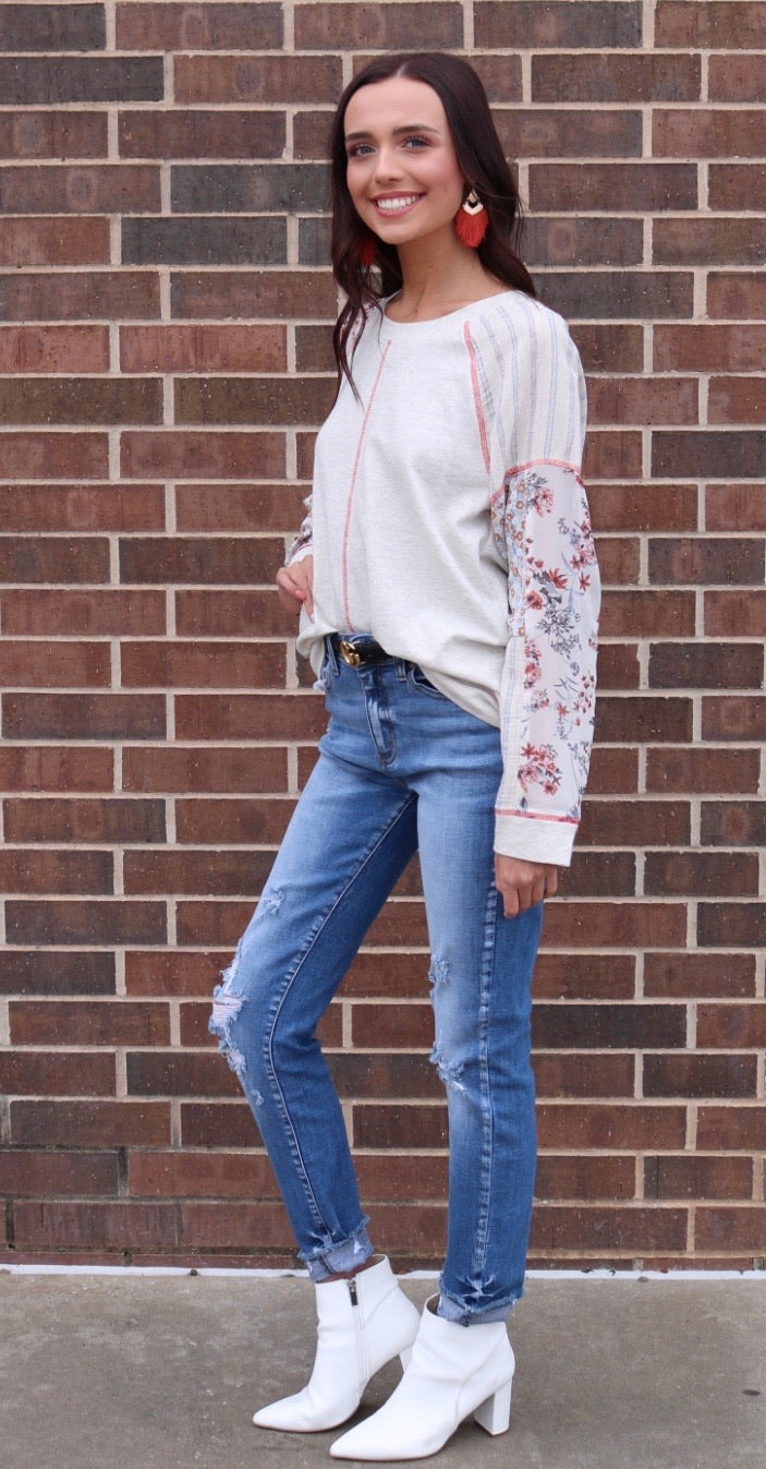 DAYLIGHT PatchSleeve TerryKnit Pullover Top