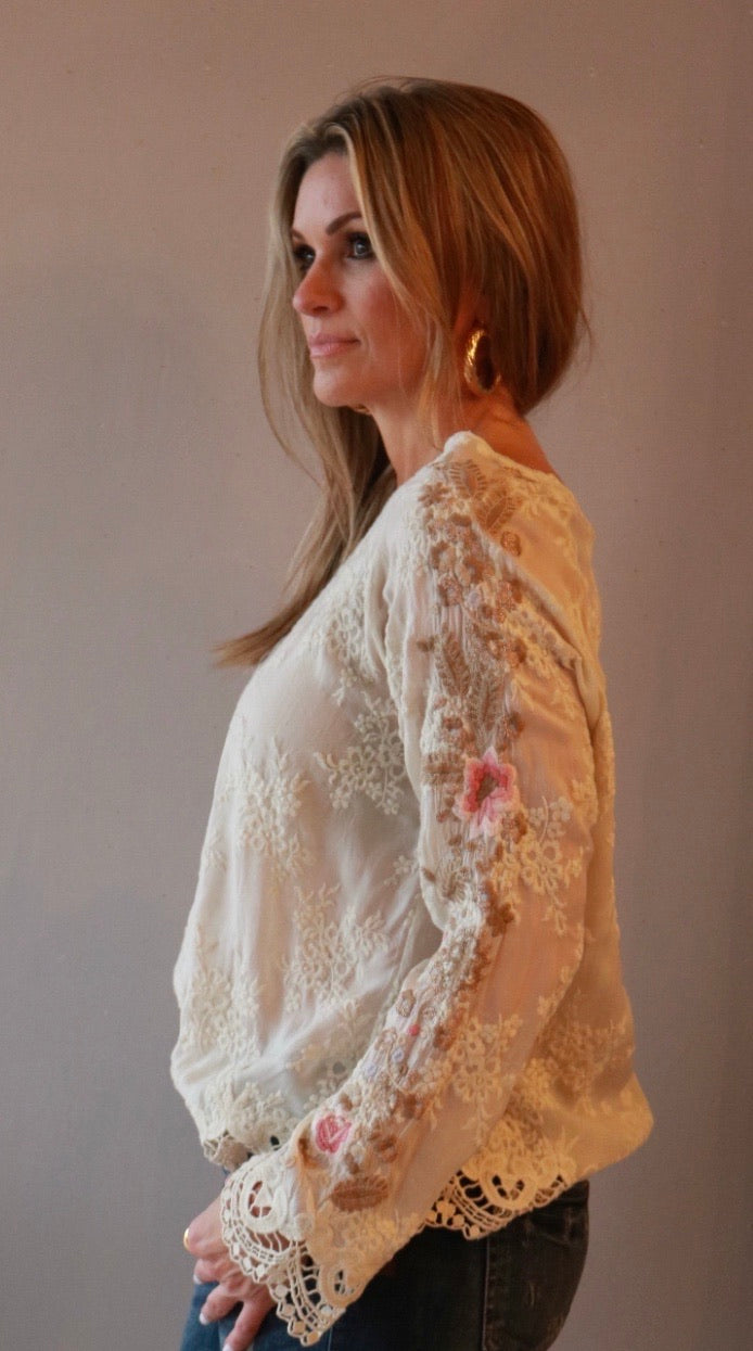 JOHNNY WAS COLLECTION Tonal Embroidered PAULINA Floral Sleeve LaceTrim Top