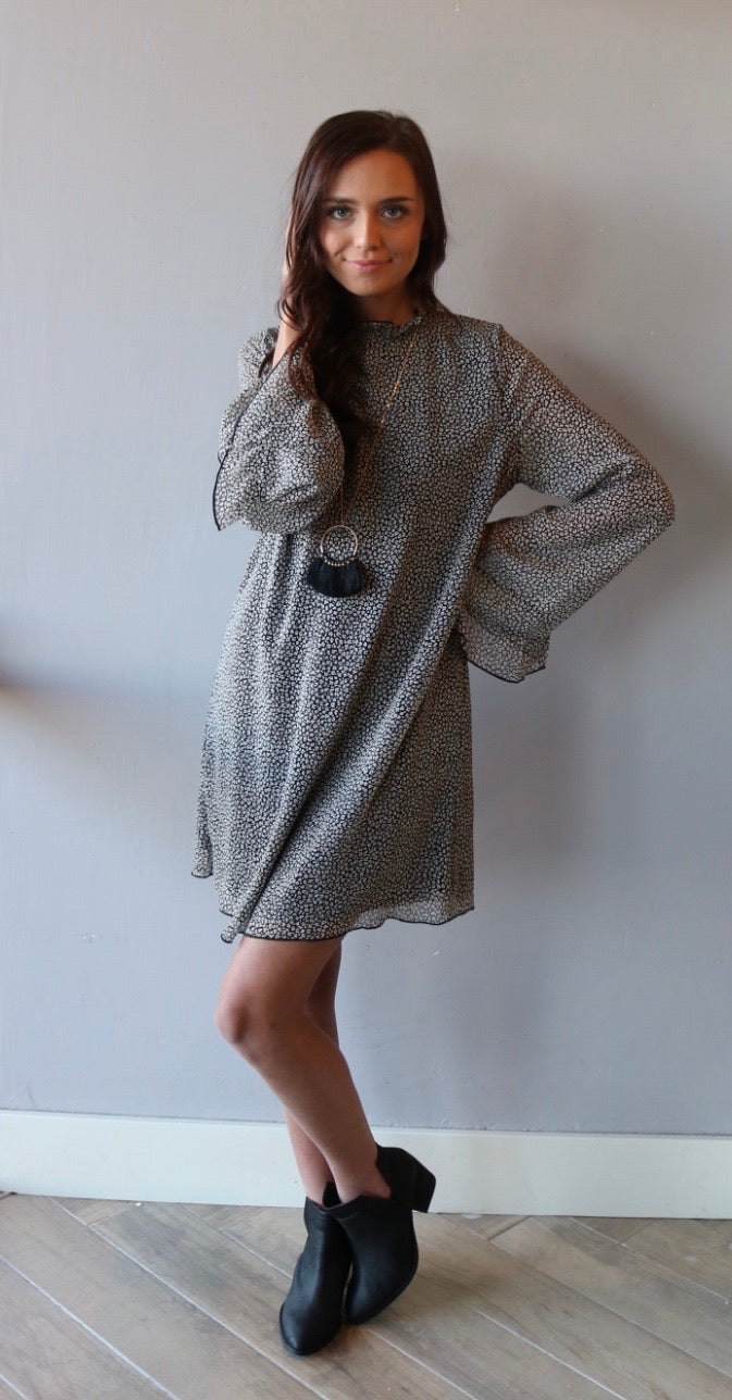 TOURIST Cheetah Ruffle MockNeck Chiffon Dress