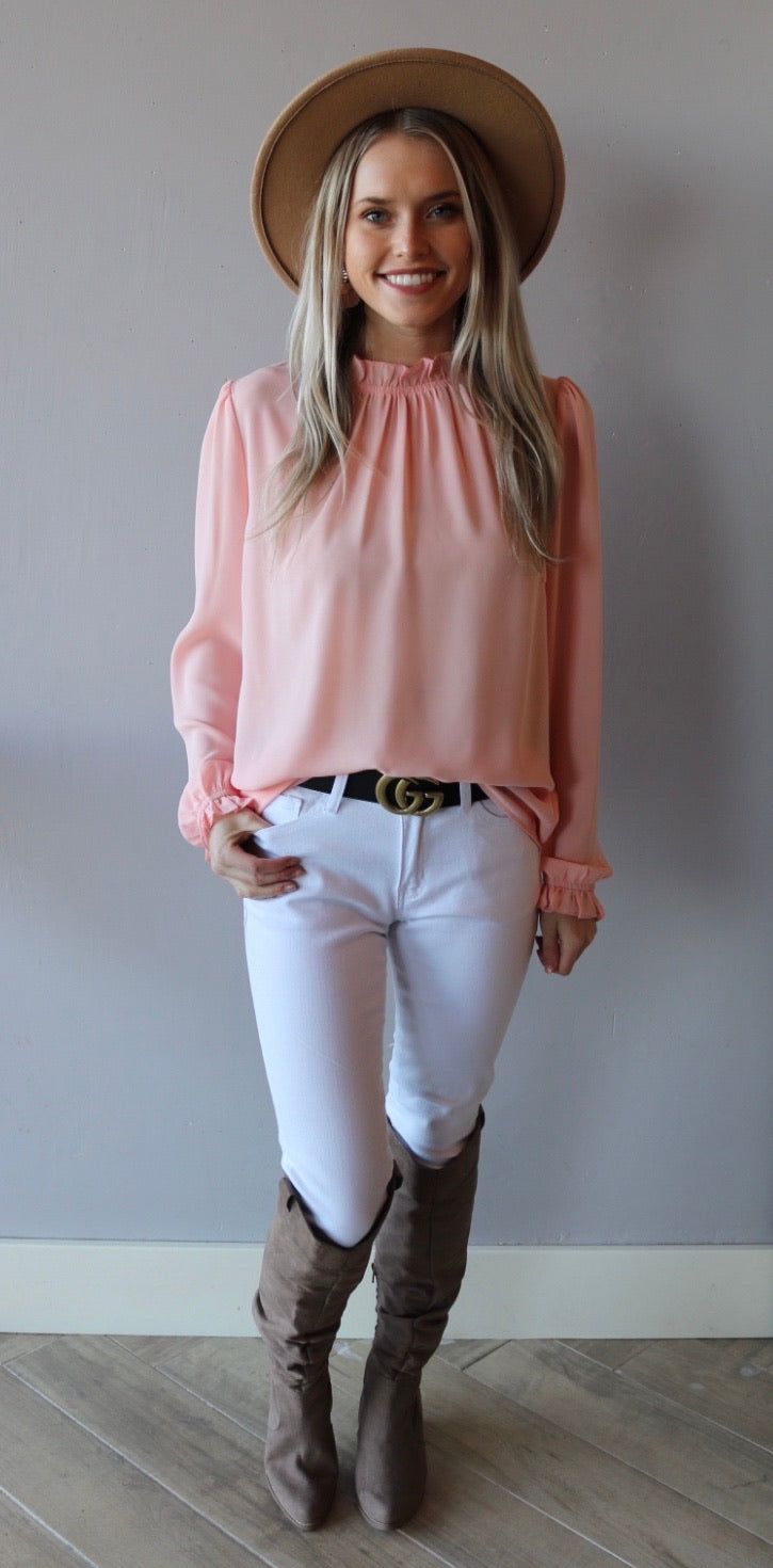 Main Strip PERSPECTIVE Ruffle HiNeck/Sleeve Chiffon Top