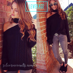 LEVERAGE OneShoulder Cutout ChokerNeck CableKnit Sweater Top