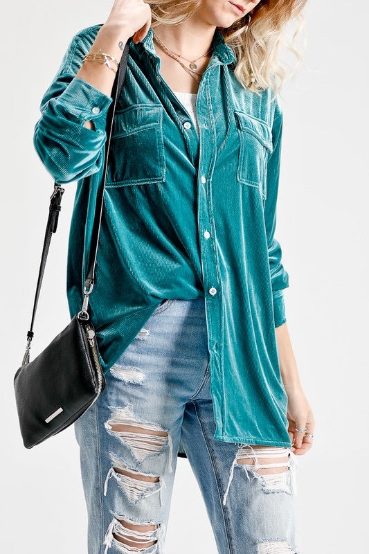 ROXY Rib Velvet ButtonDown Collared Top