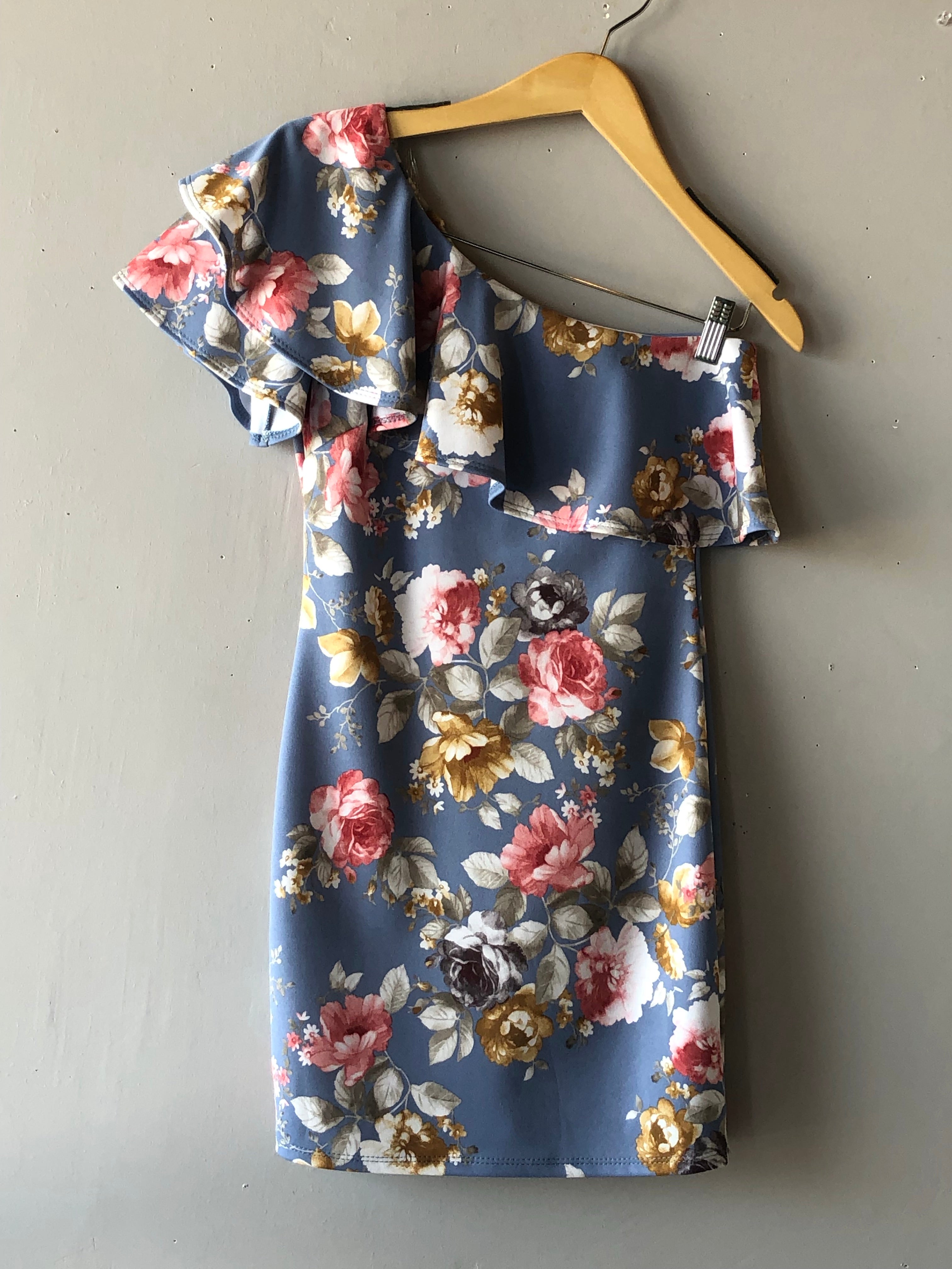 BLUE BLUSH Floral QUAINT Ruffle OneShoulder BodyCon Dress