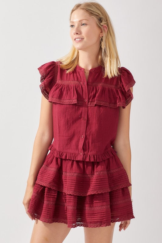 SUNSET Ruffle and Lace Button Down Top