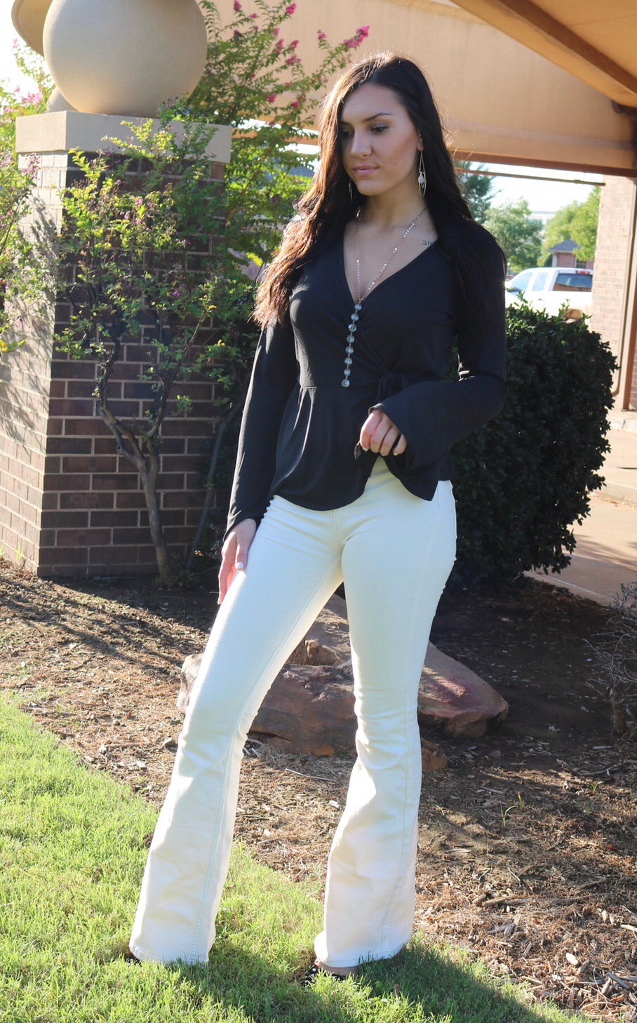 BOBI SuedeKnit POWERHOUSE Ruffled Wrap Tie BellSleeve Top