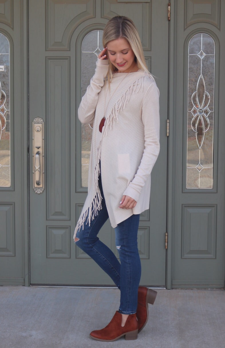 VOYAGE Fringe Pointelle Crossover Cardigan Sweater Top