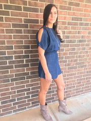 TCEC Denim FORESIGHT Slit Sleeve Faux Wrap Short Romper