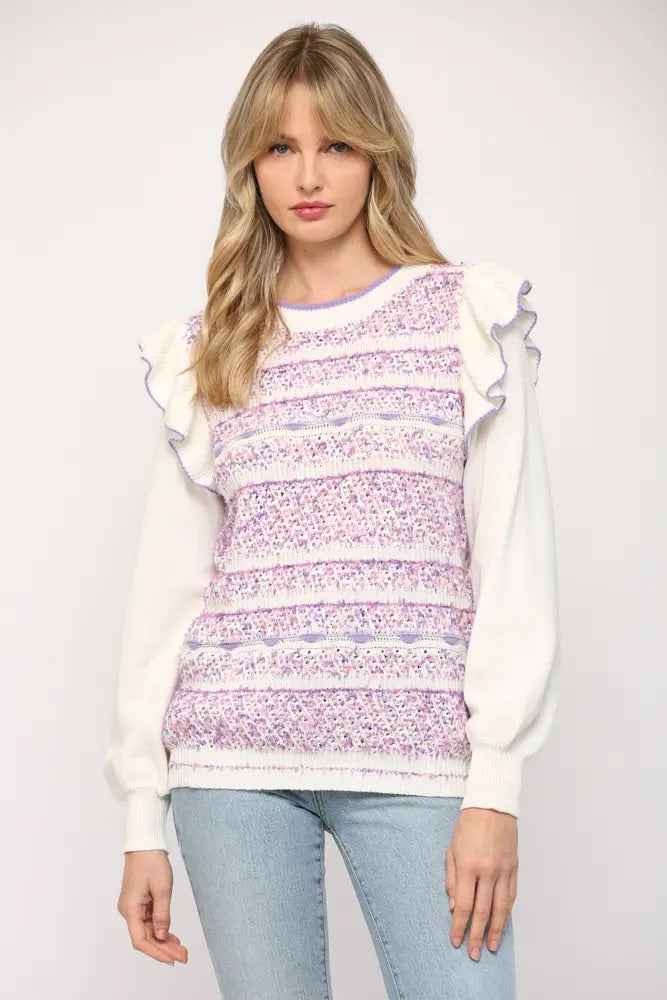 *SUGAR RUSH Ruffle-Sleeve Tape-Yarn Detail Sweater