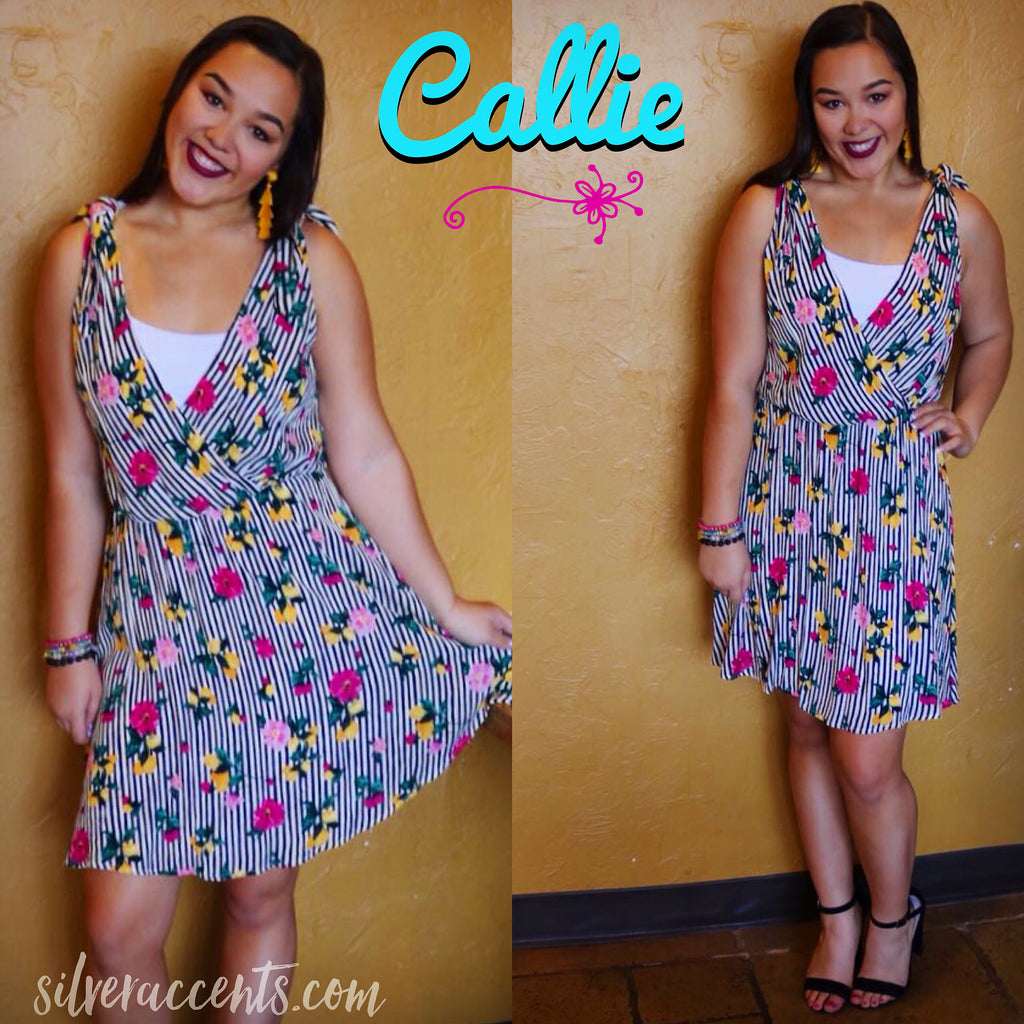 CALLIE Stripe/Floral V-Neck TieShoulder Dress