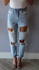 KC TAYLOR Cinch Waist Distressed Mom Jeans