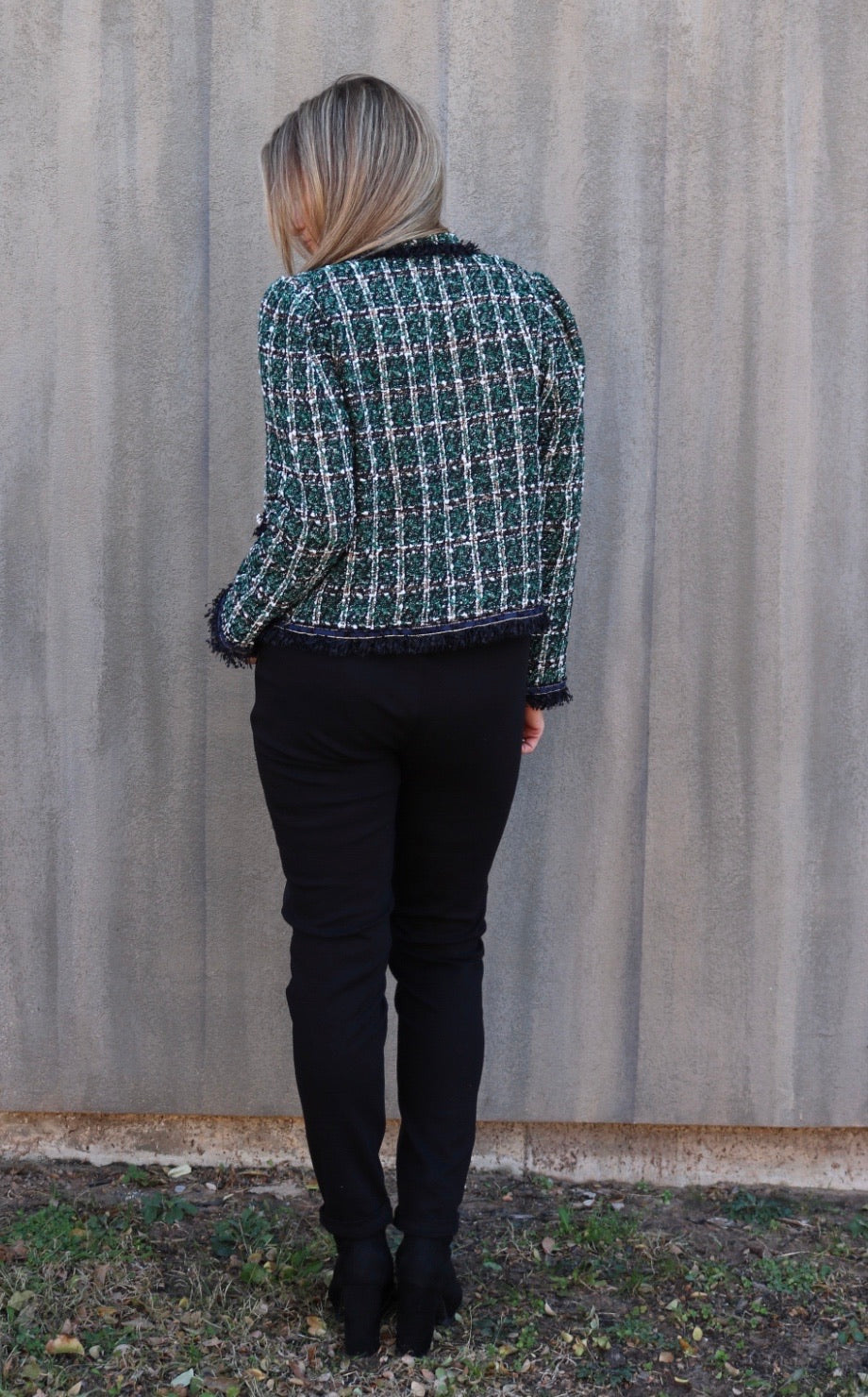 LILY Embellished Tweed Plaid Fringe Jacket