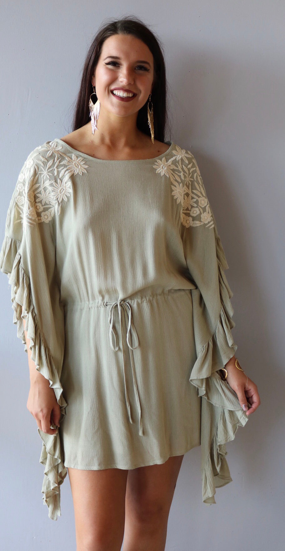 Taupe GUYANA Embroidered Ruffle Caftan Dress