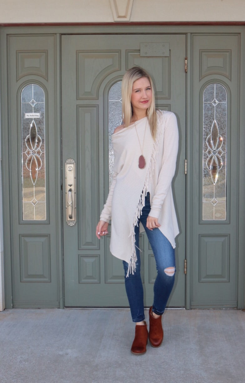 VOYAGE Fringe Pointelle Crossover Cardigan Sweater Top