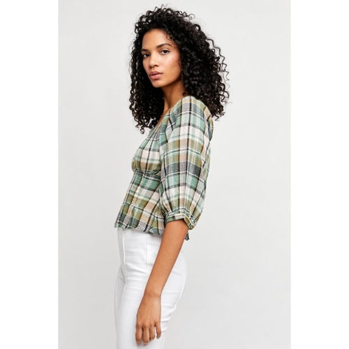*FREE PEOPLE Plaid TEAGAN PuffSleeve SmockBack Top