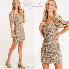 MEADOW Floral Rouched ShortSleeve Bodycon Dress