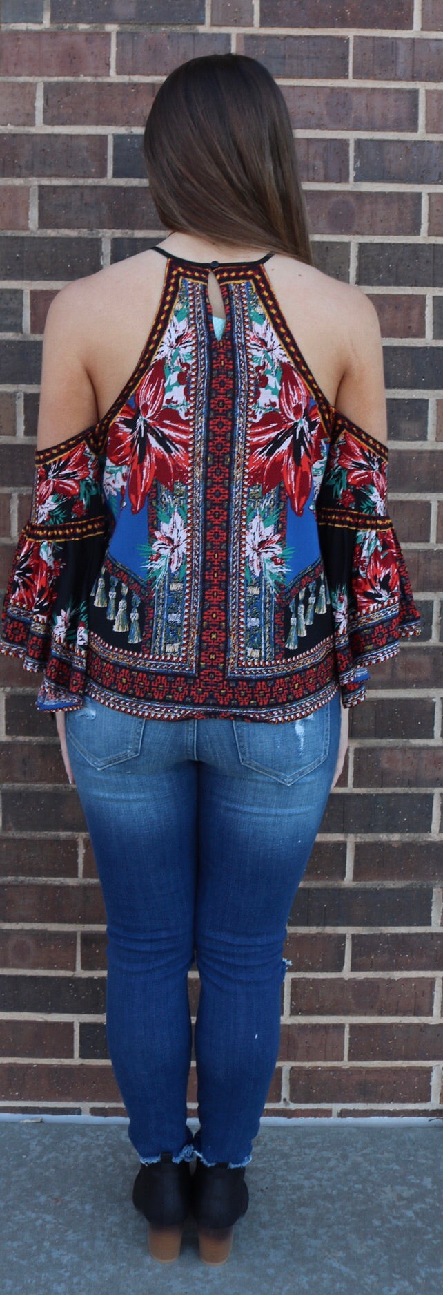 ENCORE PiecePrint ColdShoulder 3/4 FlareSleeve Top