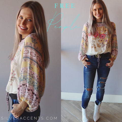 FREE PEOPLE Ivory Multi BLUE NILE Floral Print Drawstring Bottom Silk Top