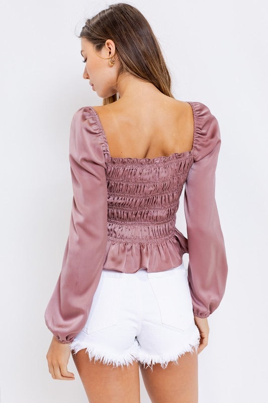 BRIDGERTON SquareNeck Shirred PuffSleeve Satin Top
