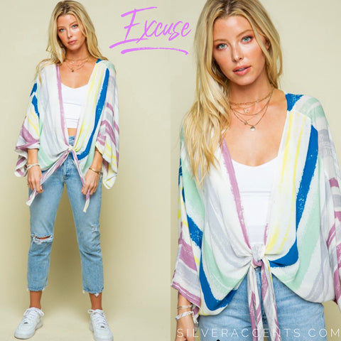 EXCUSE Watercolor Stripe TieFront Kimono Top