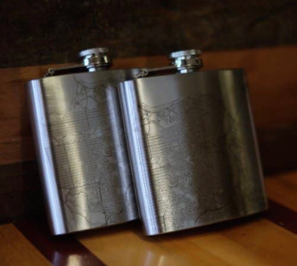 DIRECTIONS Engraved Map Hip Flask w/Funnel