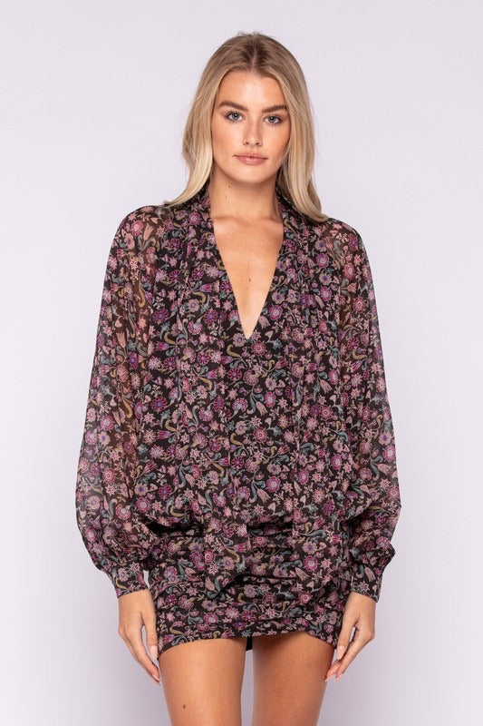 *JEM Floral LongSleeve Wrap Bodycon Skirt Dress