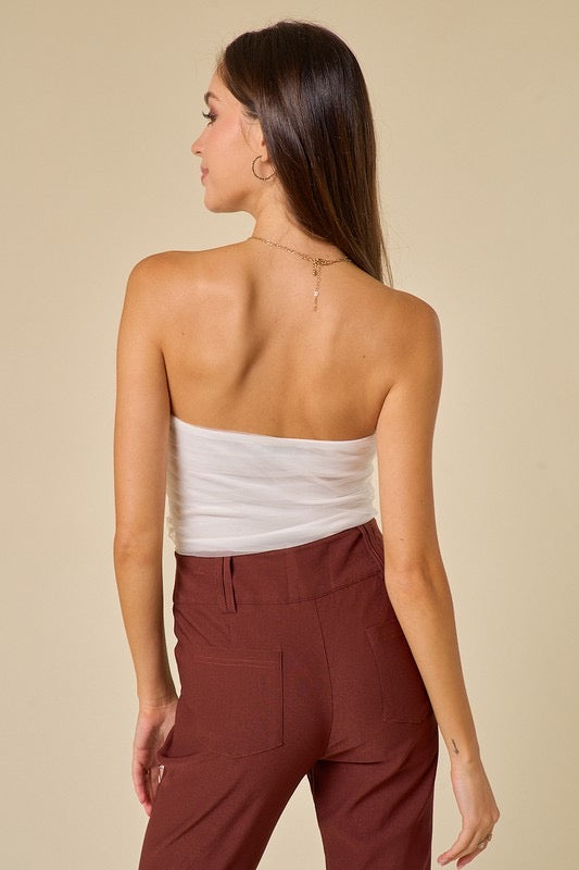 CHARADE Strapless Rouched Tulle Bodysuit