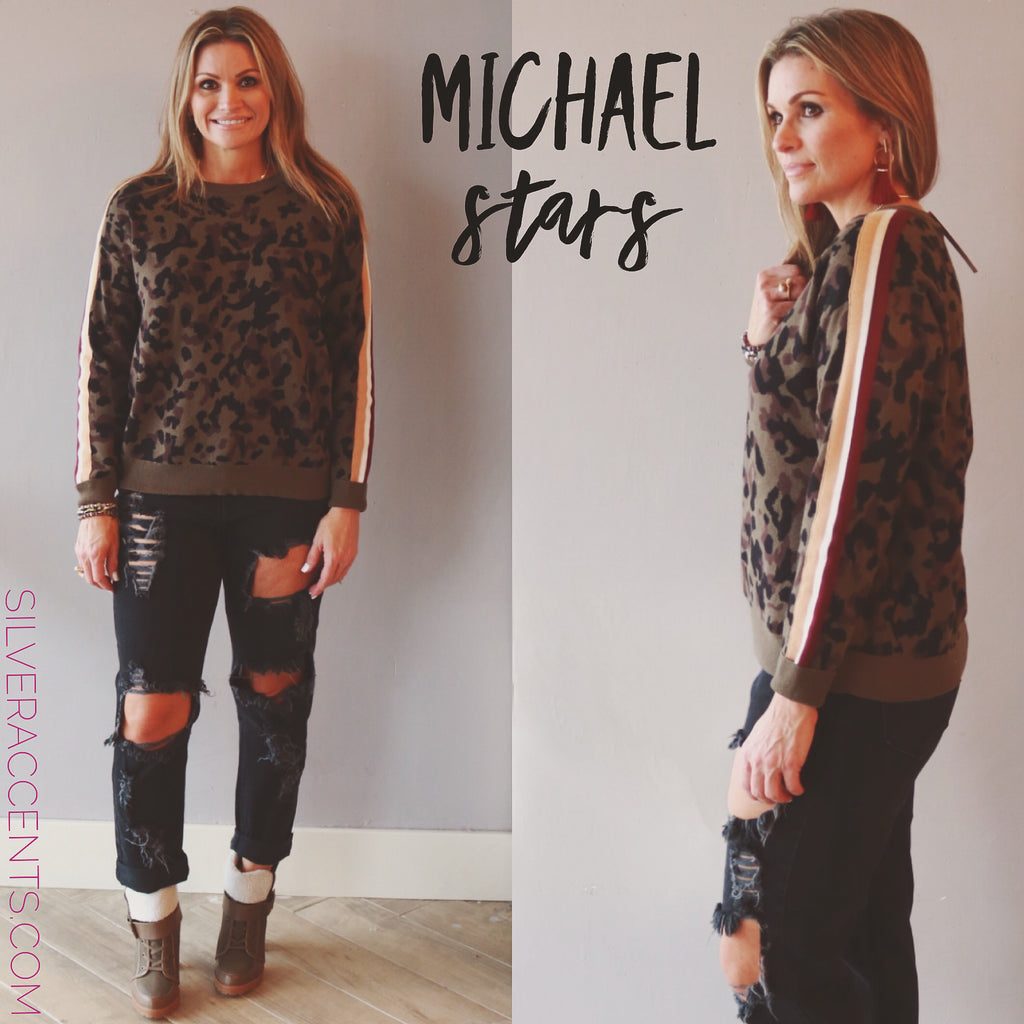 MICHAEL STARS StripeSleeve MACY Camouflage Sweater Top