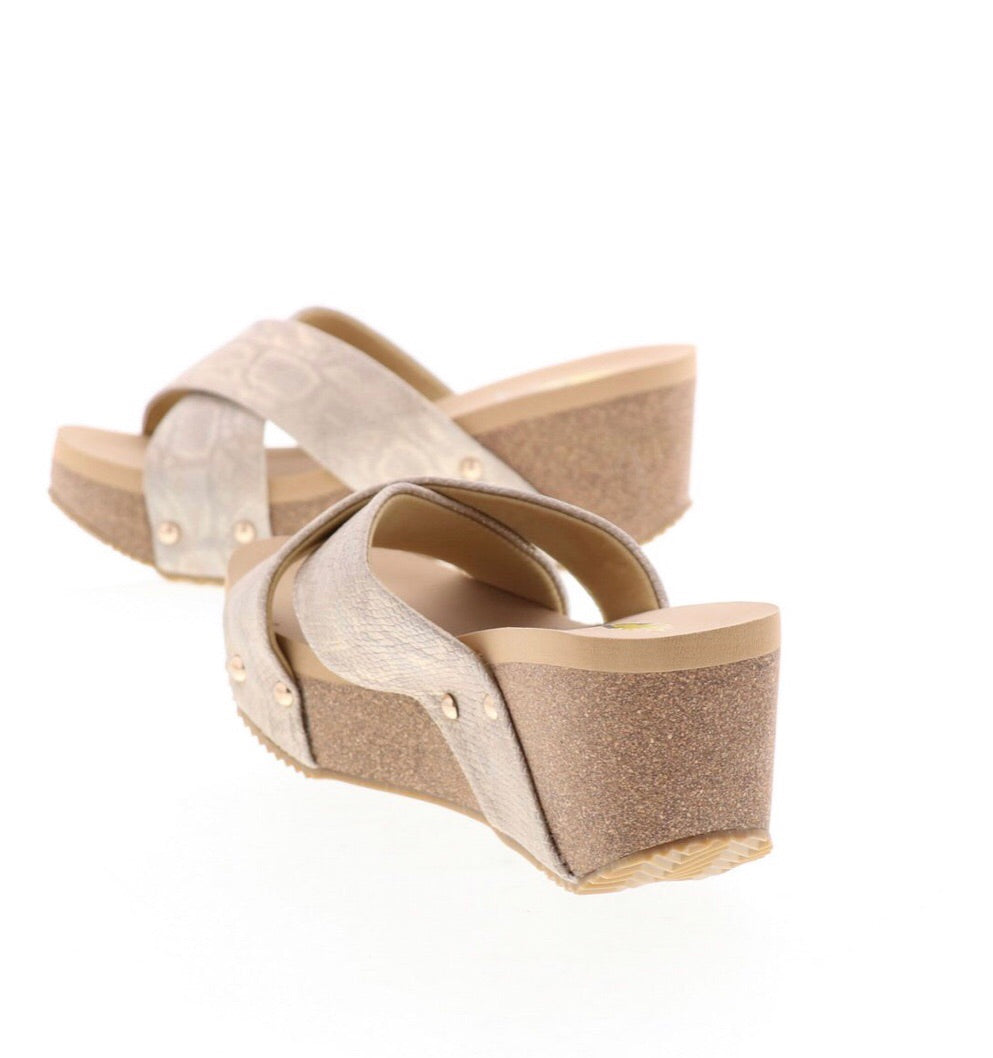 VOLATILE Gold RIVERSIDE Python Print CrissCross Wedge Sandal Shoe