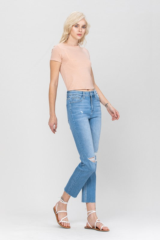 VERVET Hi~Rise JEANNE Stretch Slim Straight Leg Jeans Finished Hem