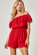PLEDGE Ruffle OffShoulder SwissDot Romper