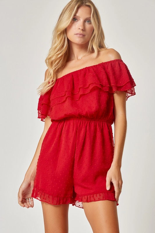 PLEDGE Ruffle OffShoulder SwissDot Romper
