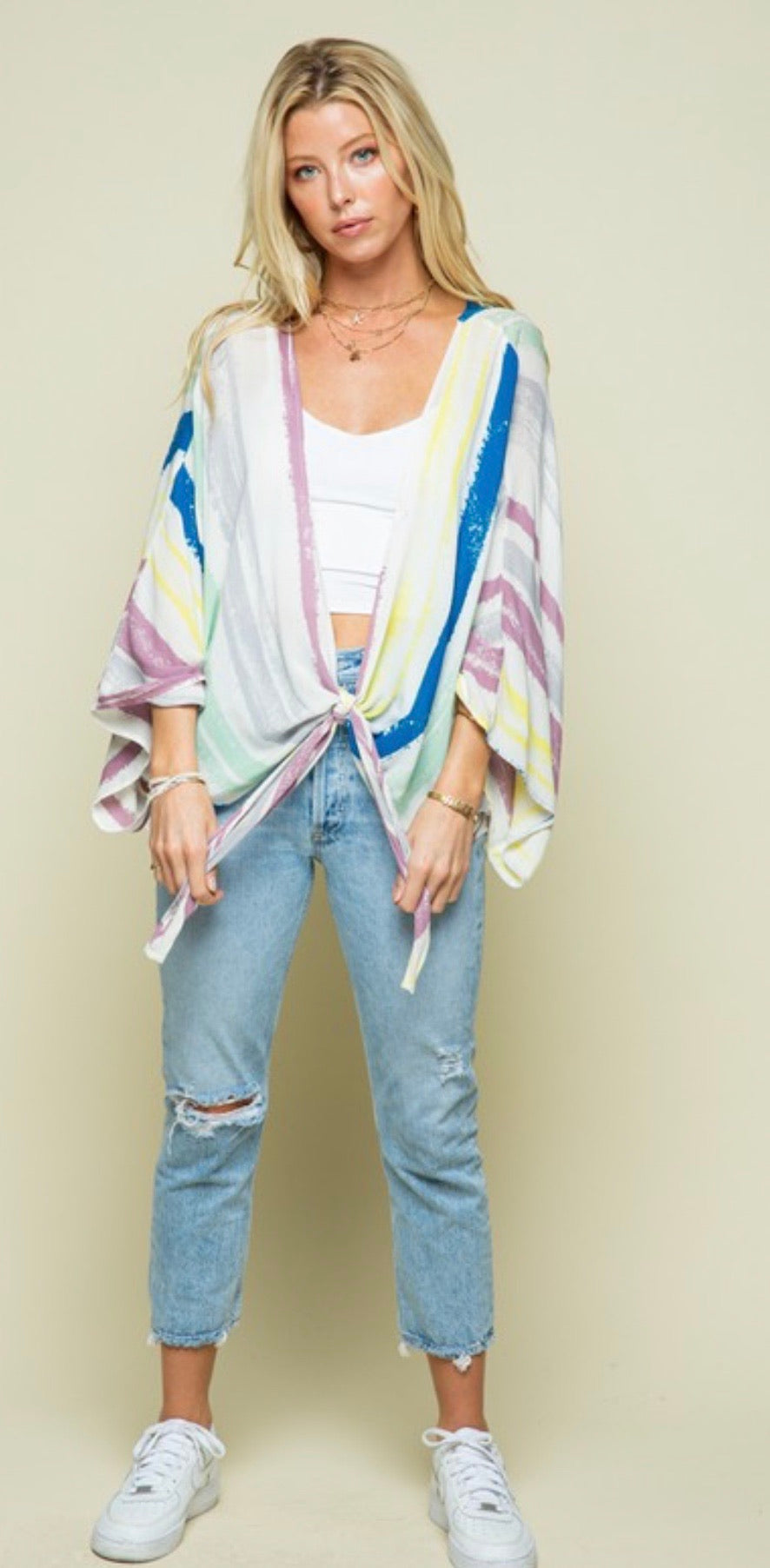 EXCUSE Watercolor Stripe TieFront Kimono Top