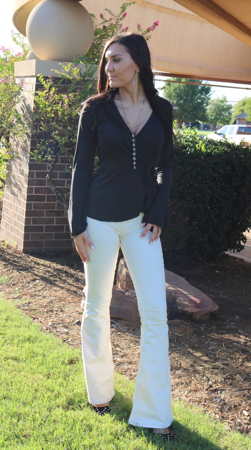 BOBI SuedeKnit POWERHOUSE Ruffled Wrap Tie BellSleeve Top