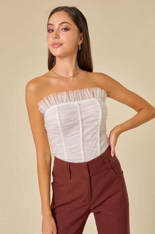 CHARADE Strapless Rouched Tulle Bodysuit