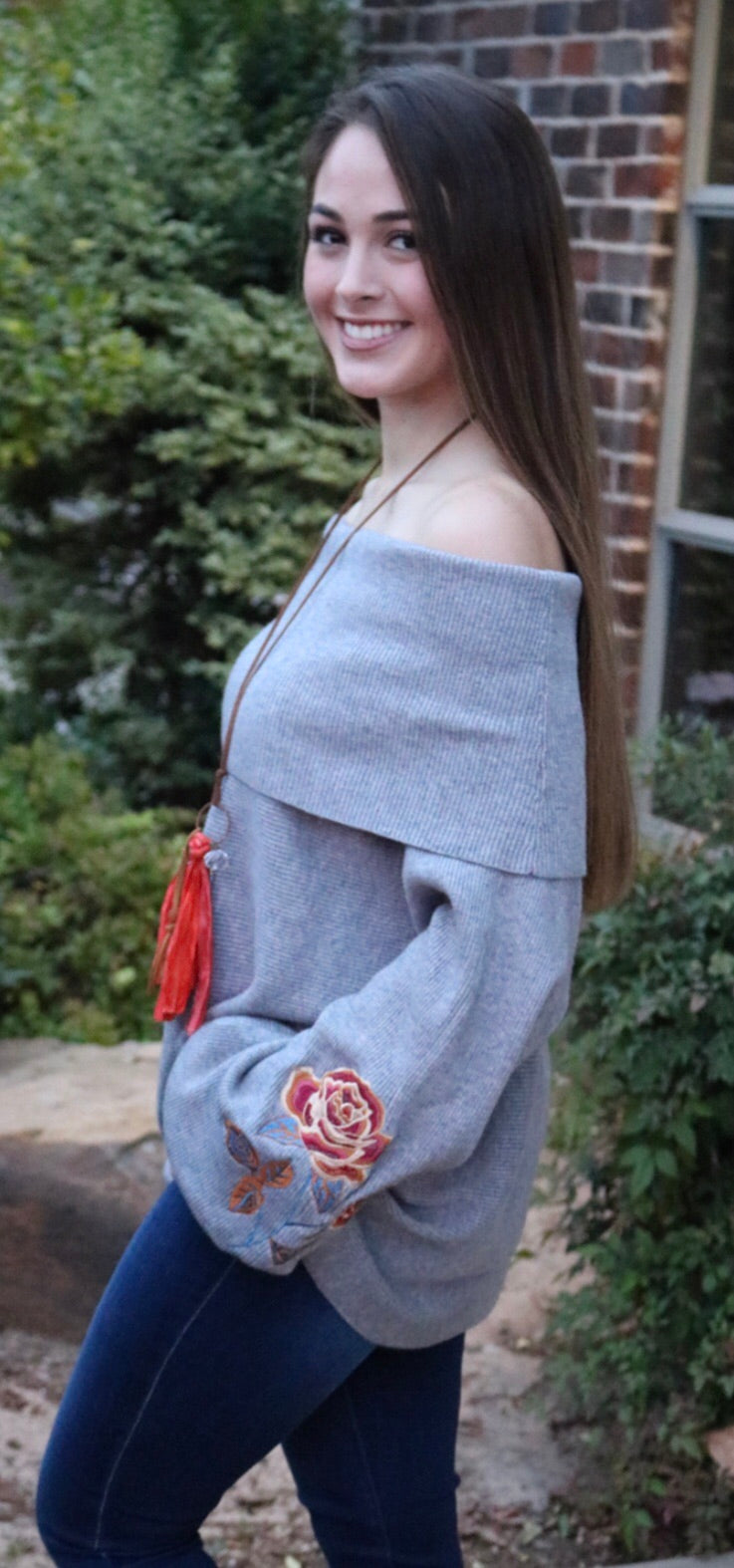 PARADIGM FoldOver OffShoulder Embroidered Floral Sleeve Sweater Tunic Top