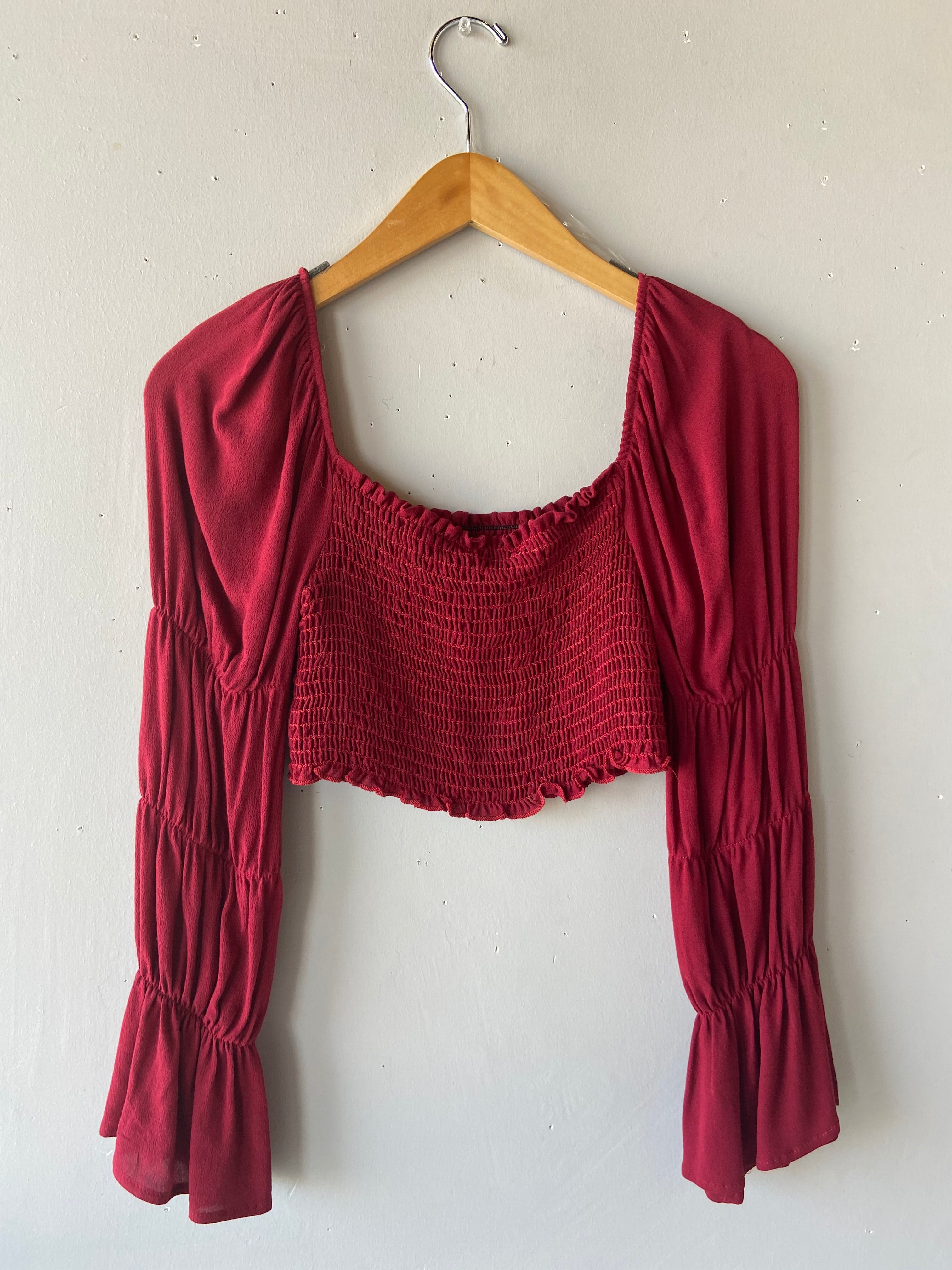 Blue Blush SWAGGER Smock Off Shoulder Bell Sleeve Crop Top