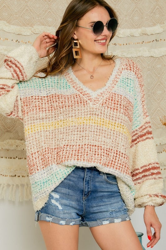 Adora RORY ColorBlock PuffSleeve V-Neck Sweater Top