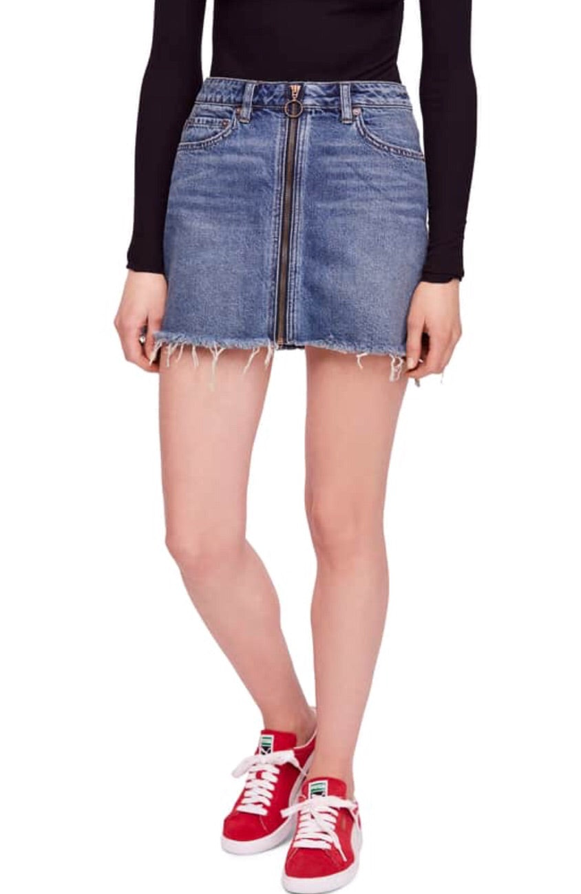 FREE PEOPLE! Denim ZIP IT UP RawSeam ZipFront Skirt