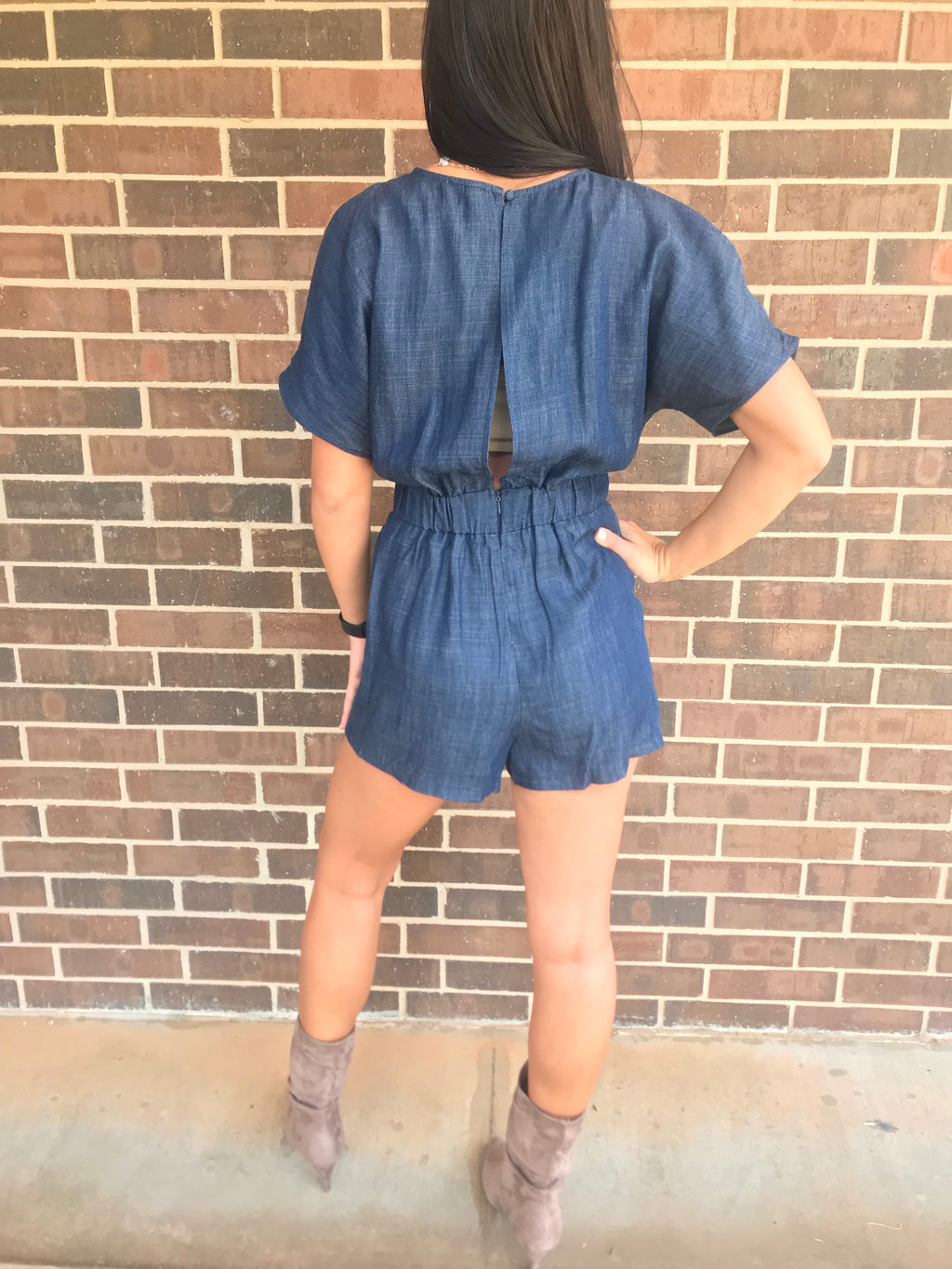 TCEC Denim FORESIGHT Slit Sleeve Faux Wrap Short Romper
