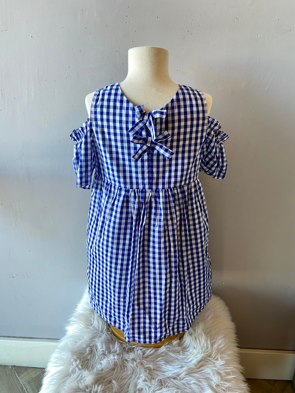 AARON AND AMBER Blue EXCURSION Gingham ColdShoulder Dress